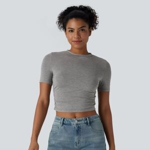 Round Neck Short Sleeve Ruched Skinny Cropped Casual T-Shirt